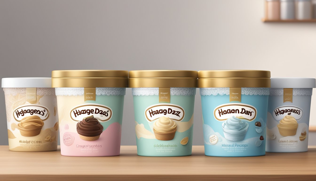 A variety of Häagen-Dazs ice cream containers with different flavors and special edition packaging, arranged neatly on a shelf in a freezer