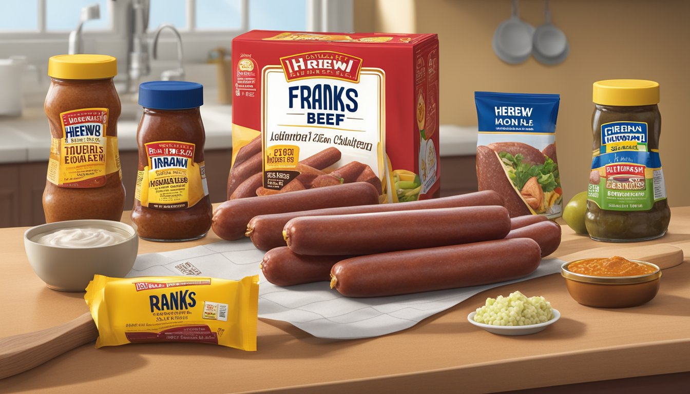 A package of Hebrew National Beef Franks sits unopened on a kitchen counter, surrounded by condiments and a calendar showing the current date