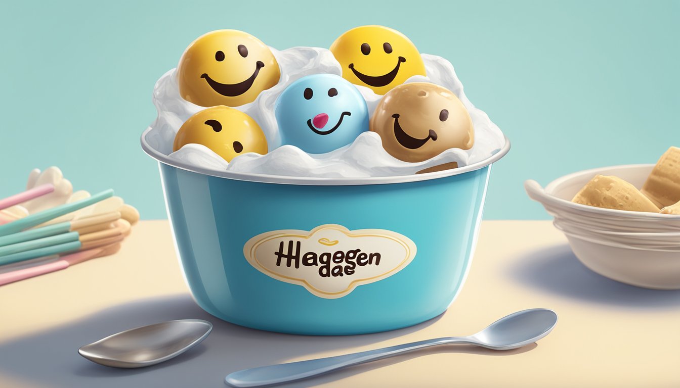 A melting Häagen-Dazs ice cream tub sits on a sunny outdoor table, surrounded by empty spoons and a satisfied smiley face drawn in the melting ice cream