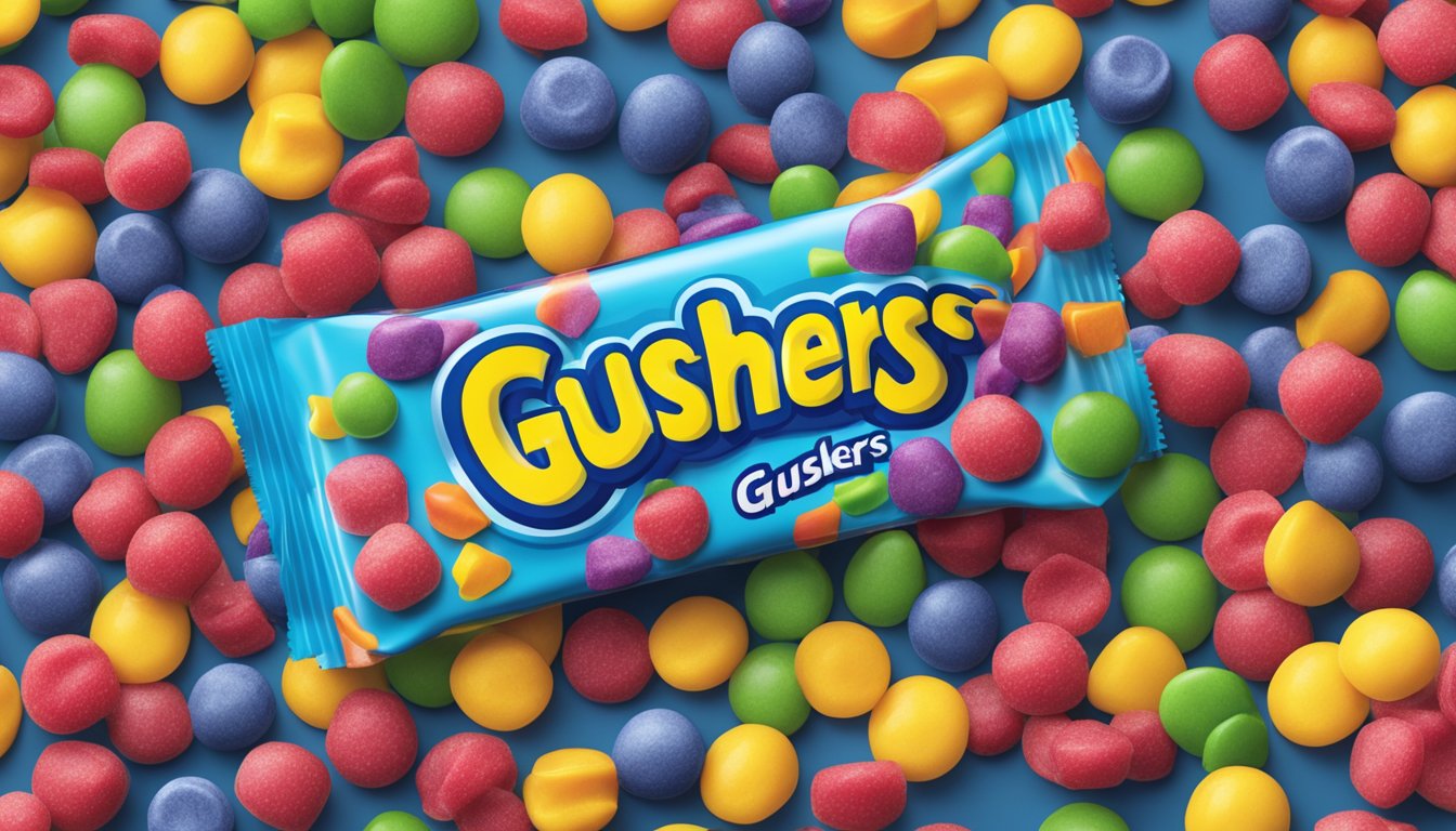 A pack of Gushers sits open on a countertop, with colorful fruit snacks spilling out onto the surface