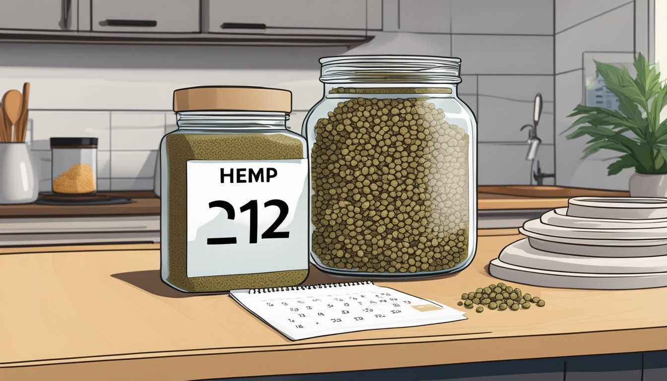 A glass jar filled with hemp seeds sits on a kitchen counter, with a calendar in the background marking the date of purchase