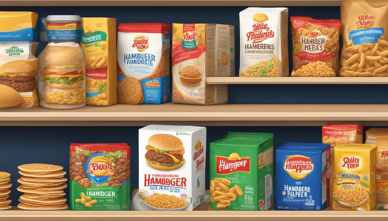 A box of Hamburger Helper sits on a pantry shelf, surrounded by other pantry staples. The expiration date is clearly visible on the packaging