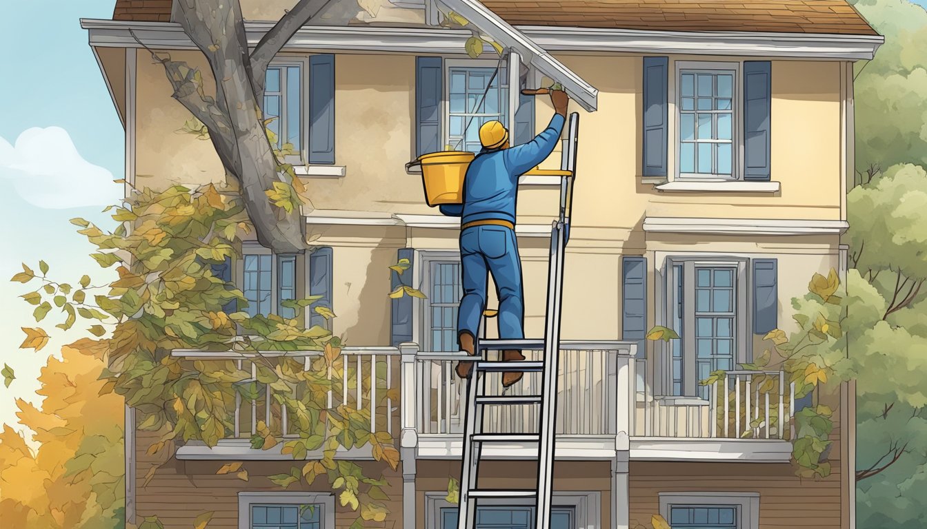 A ladder leaning against a house, with a person using a scoop to clear leaves and debris from the gutters