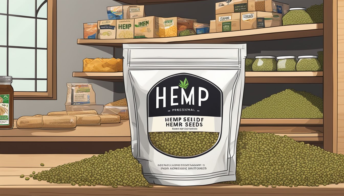 A packet of hemp seeds sits on a shelf, surrounded by other food items. The expiration date is clearly visible on the packaging