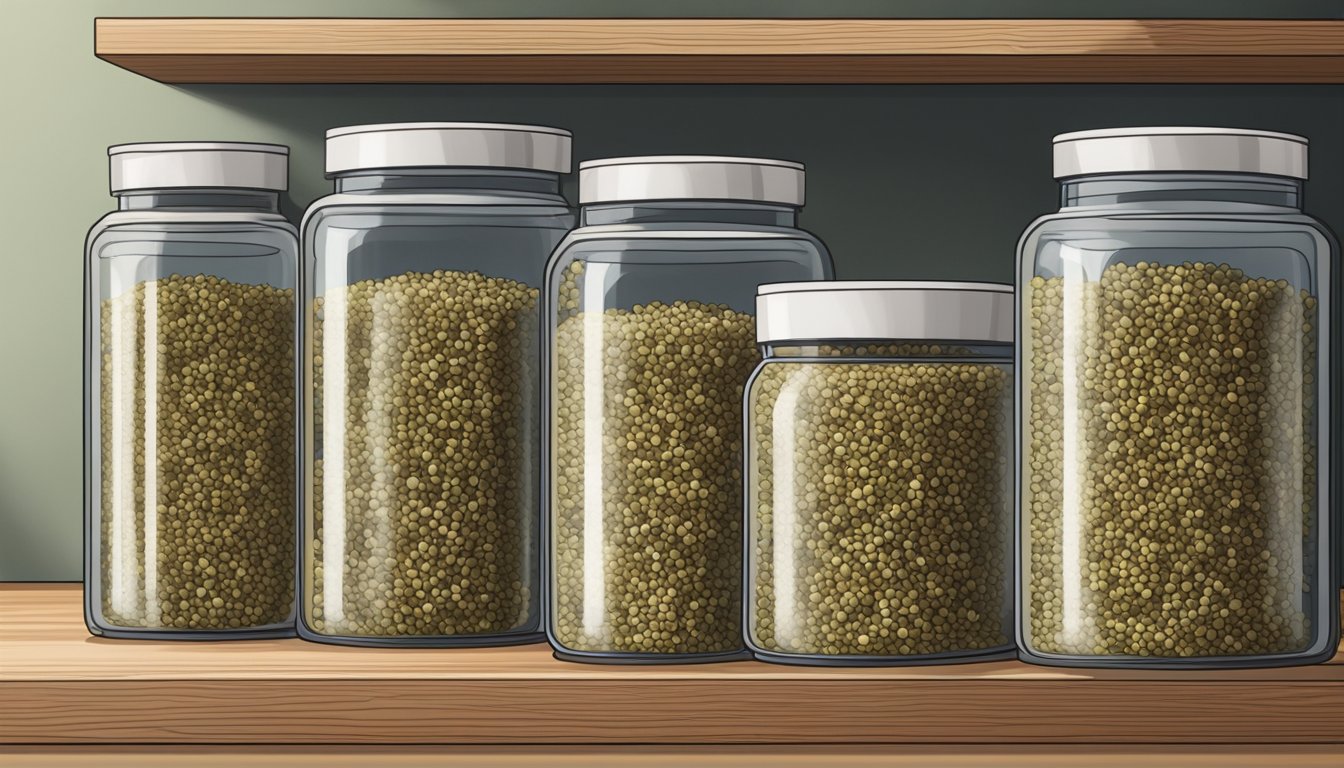 A glass jar filled with hemp seeds sits on a shelf, sealed tightly with a lid. The surrounding area is clean and organized, with other jars of seeds neatly lined up nearby