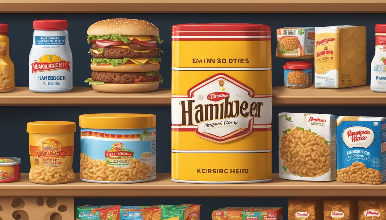 A box of Hamburger Helper sits on a pantry shelf, surrounded by other food items. The expiration date is clearly visible on the packaging