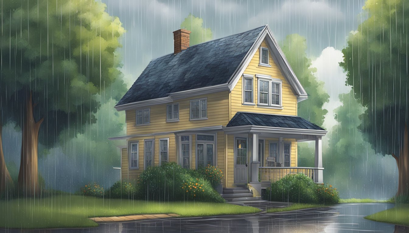 A house with overflowing gutters as heavy rain pours down