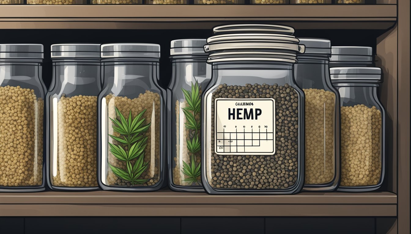 A glass jar filled with hemp seeds, tightly sealed with a lid, placed in a cool, dark pantry. A calendar on the wall indicating the current date