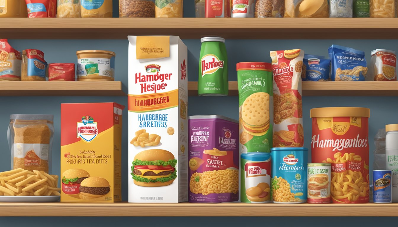 A pantry shelf with a box of Hamburger Helper, surrounded by other non-perishable food items