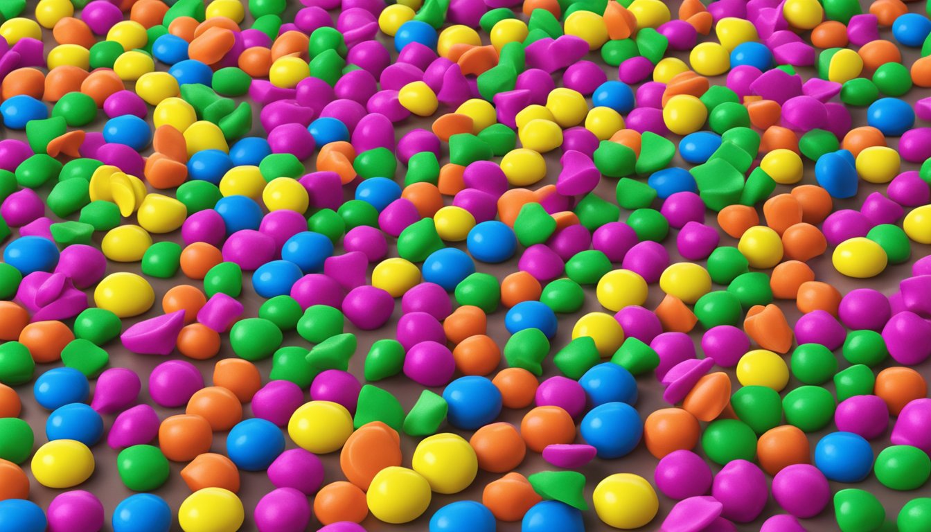 A pack of Gushers sits on a kitchen counter, with a few pieces spilling out onto the surface. The vibrant colors and shiny, sugary coating make them appear fresh and enticing