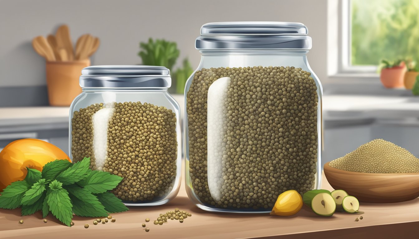 A glass jar filled with hemp seeds, placed on a kitchen counter next to fresh fruits and vegetables