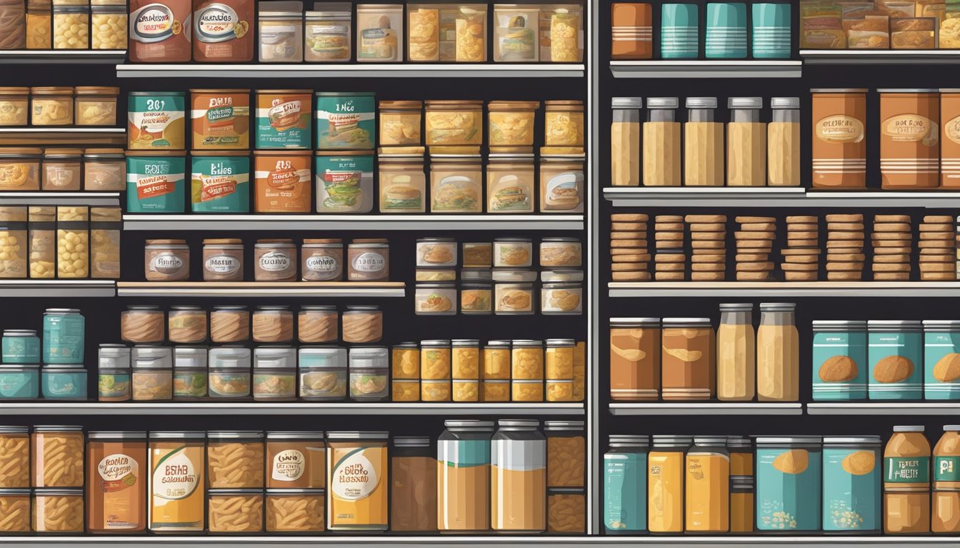 A pantry with neatly organized shelves of canned goods and boxes of dry pasta and Hamburger Helper, with expiration dates clearly visible