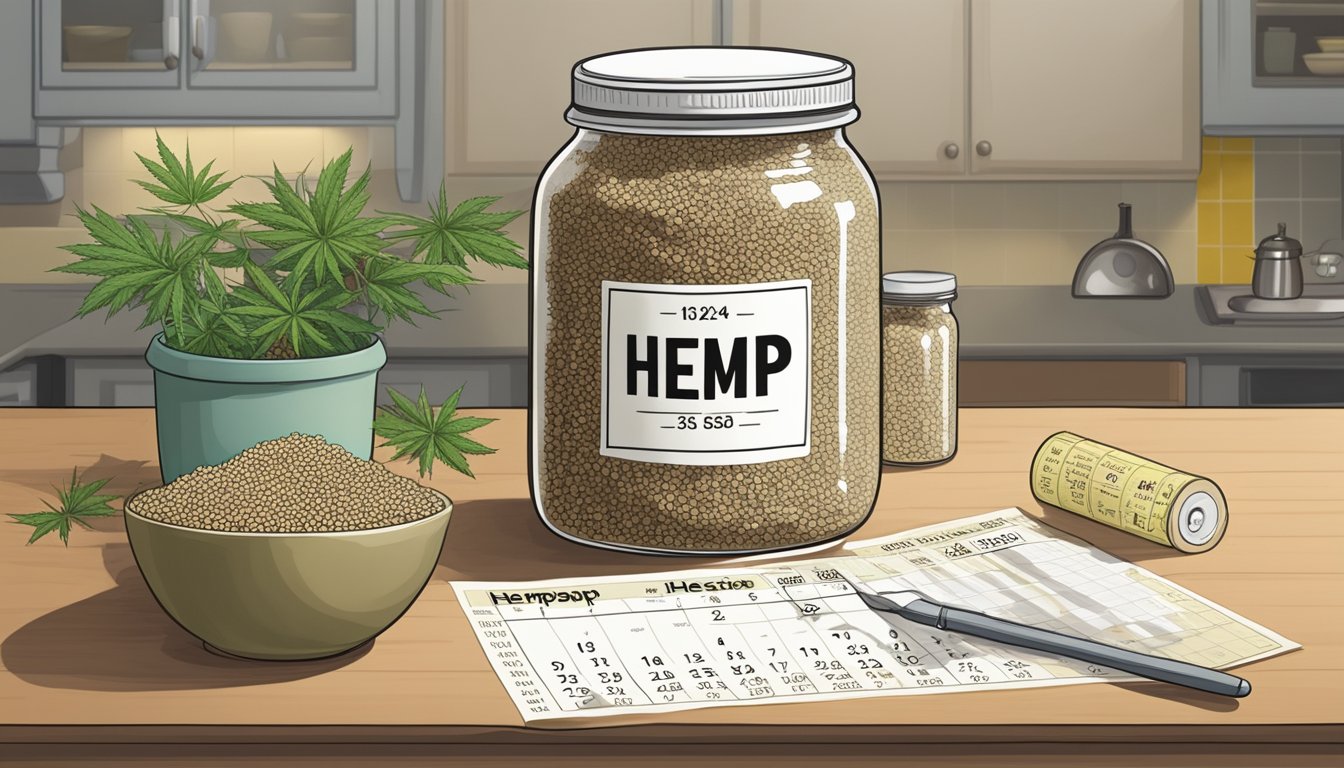 A jar of hemp seeds sits on a kitchen counter, surrounded by various expiration date labels and a calendar, indicating the passage of time