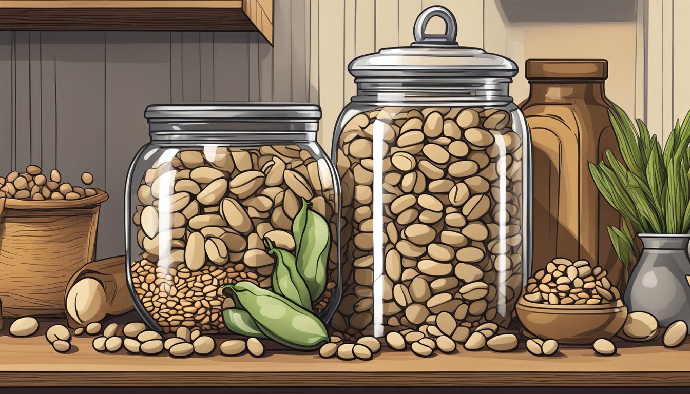 A jar of haricot beans on a kitchen shelf, surrounded by other dry goods