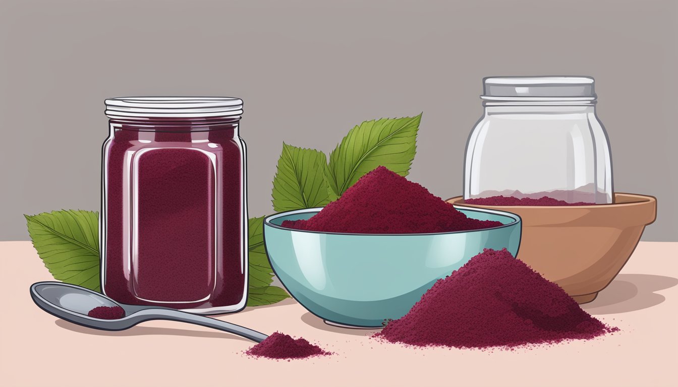 A jar of hibiscus powder sits on a kitchen counter, next to a measuring spoon and a bowl of dried hibiscus flowers