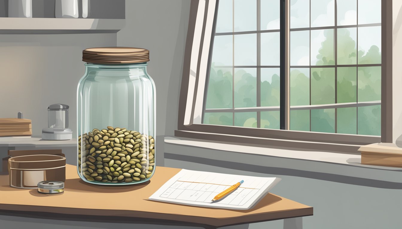 A clear glass jar filled with haricot beans, sealed with a lid, sitting on a shelf next to a calendar and a temperature gauge