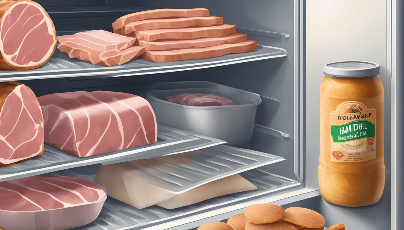 A package of ham deli meat sits in a refrigerator next to other food items. The expiration date is clearly visible on the packaging