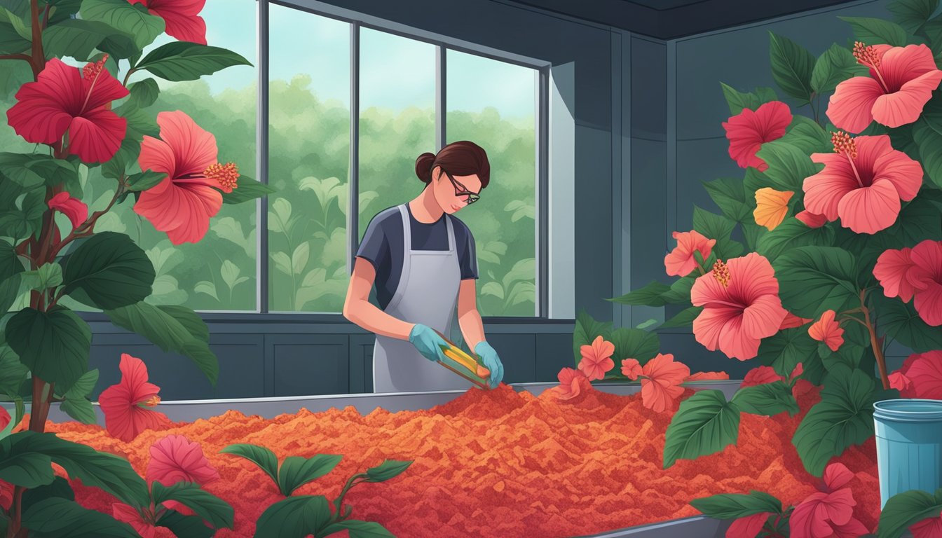 A hibiscus flower is being harvested and dried, then ground into powder. The powder is being stored in airtight containers in a cool, dark room