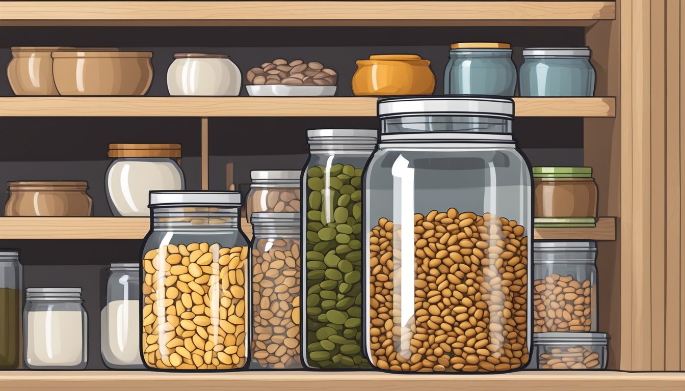 A jar of haricot beans sits on a kitchen shelf, sealed tight with a lid. The beans are dry and pale, surrounded by other pantry items