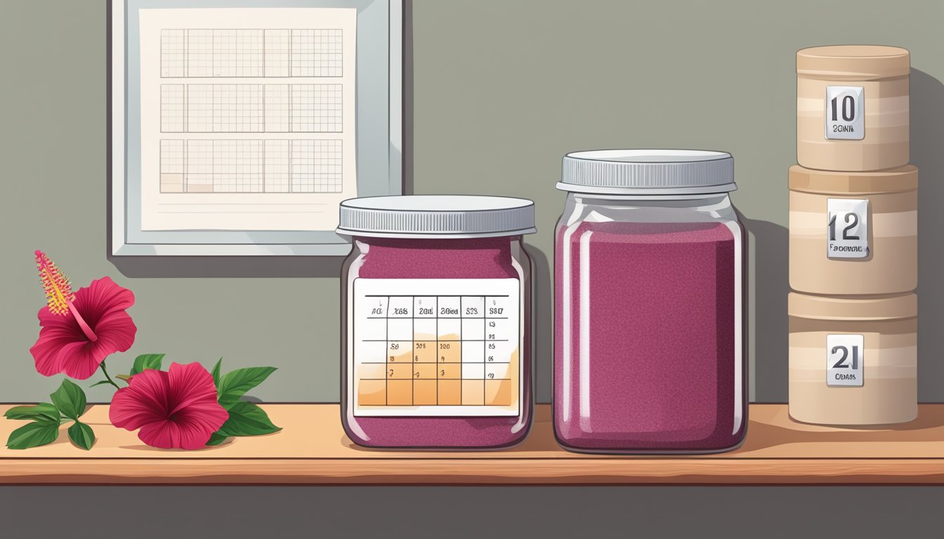 A jar of hibiscus powder sits on a shelf, next to a calendar showing the current date and an expiration date several years in the future