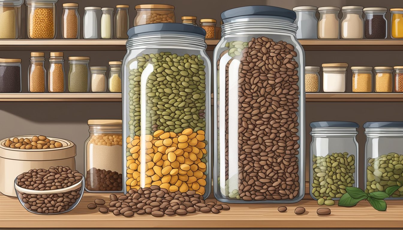 A glass jar filled with dried haricot beans on a kitchen shelf, surrounded by other pantry staples