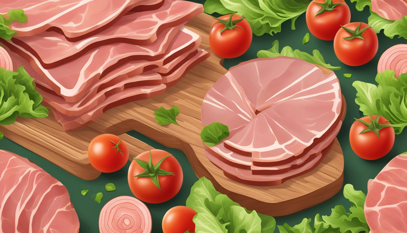 A stack of fresh ham deli meat slices on a wooden cutting board, surrounded by vibrant green lettuce leaves and juicy red tomato slices