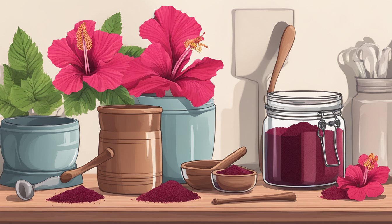 A jar of hibiscus powder sits on a kitchen shelf, surrounded by colorful dried hibiscus flowers and a mortar and pestle