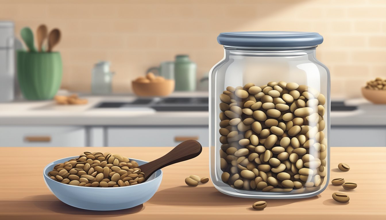 A clear glass jar filled with dried haricot beans sitting on a kitchen counter, next to a pot and a wooden spoon