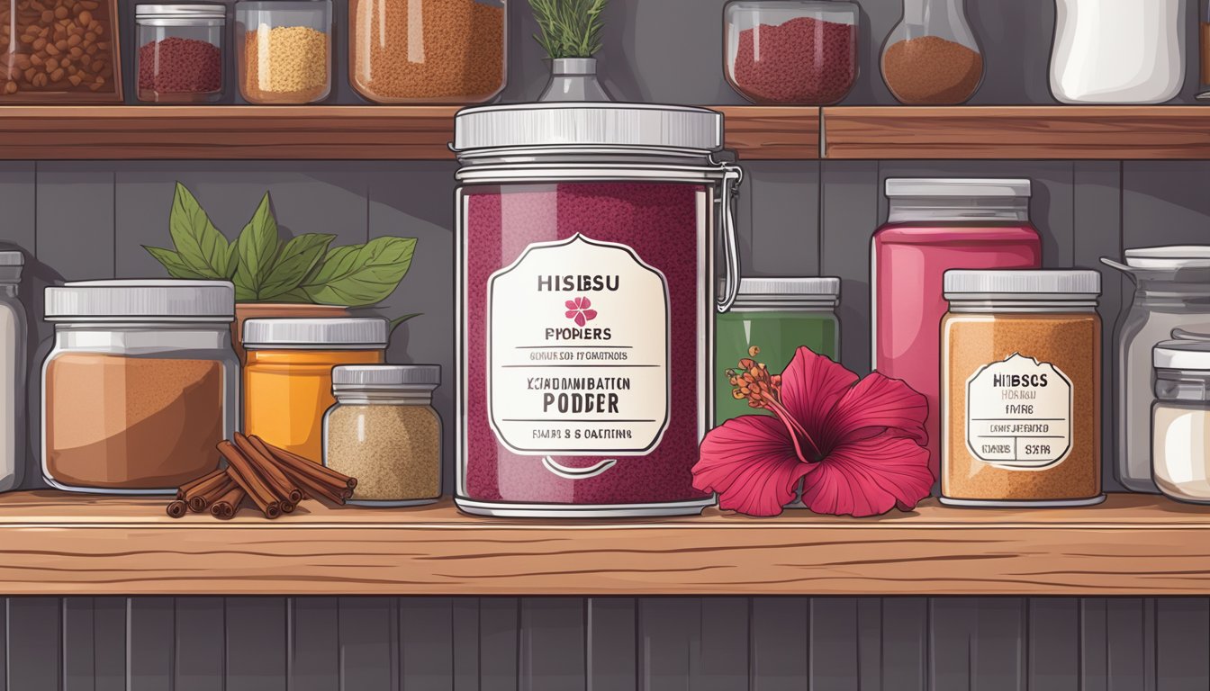 A sealed container of hibiscus powder sits on a kitchen shelf, surrounded by other spices and ingredients. The label on the container indicates the expiration date