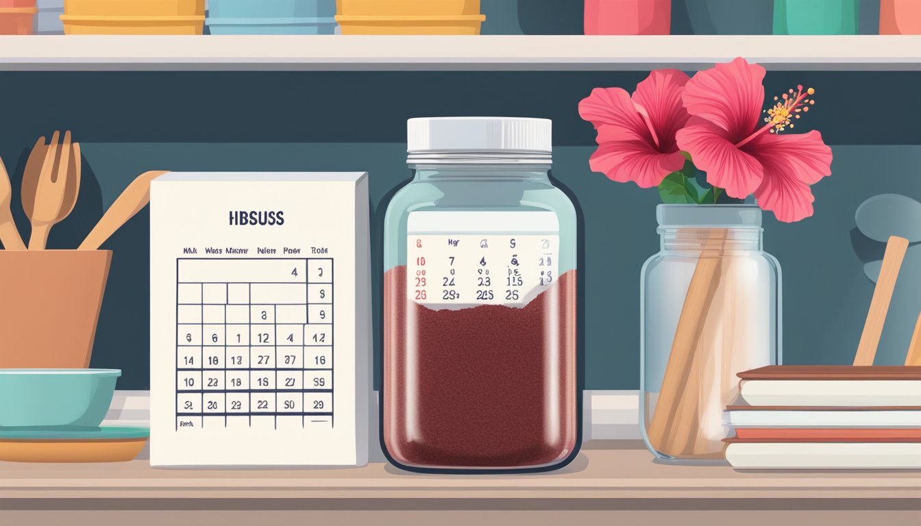 A jar of hibiscus powder sits on a kitchen shelf, next to a calendar showing the current date and a label indicating the expiration date