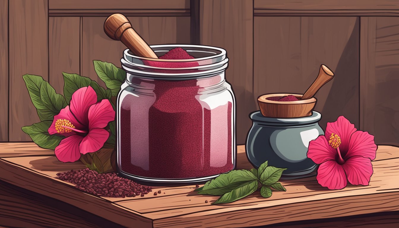 A jar of hibiscus powder sits on a rustic wooden shelf next to a collection of dried herbs and tea leaves. A mortar and pestle are nearby, ready for use