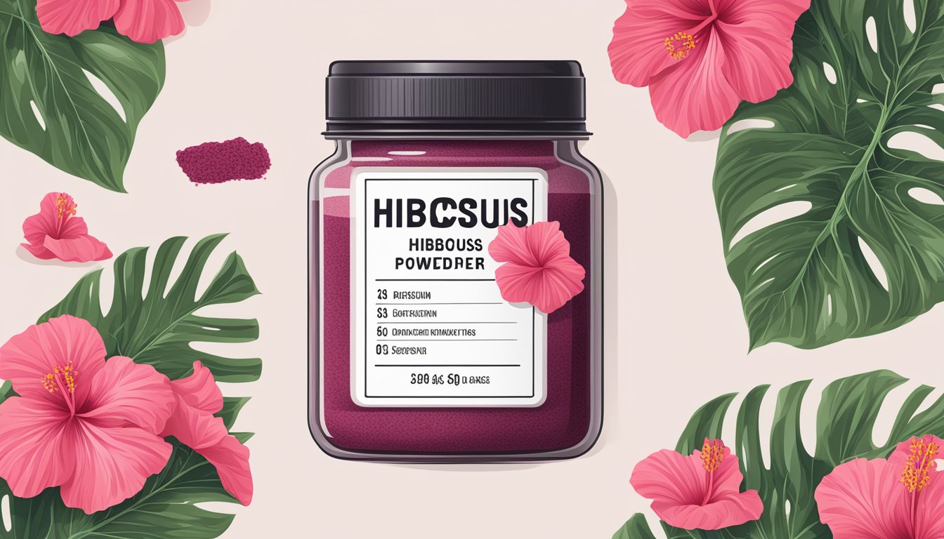 A jar of hibiscus powder with expiration date and dosage instructions