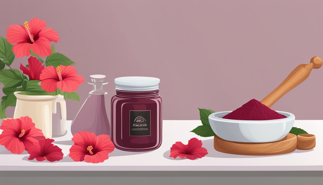 A jar of hibiscus powder sits on a kitchen shelf, surrounded by fresh hibiscus flowers and a mortar and pestle