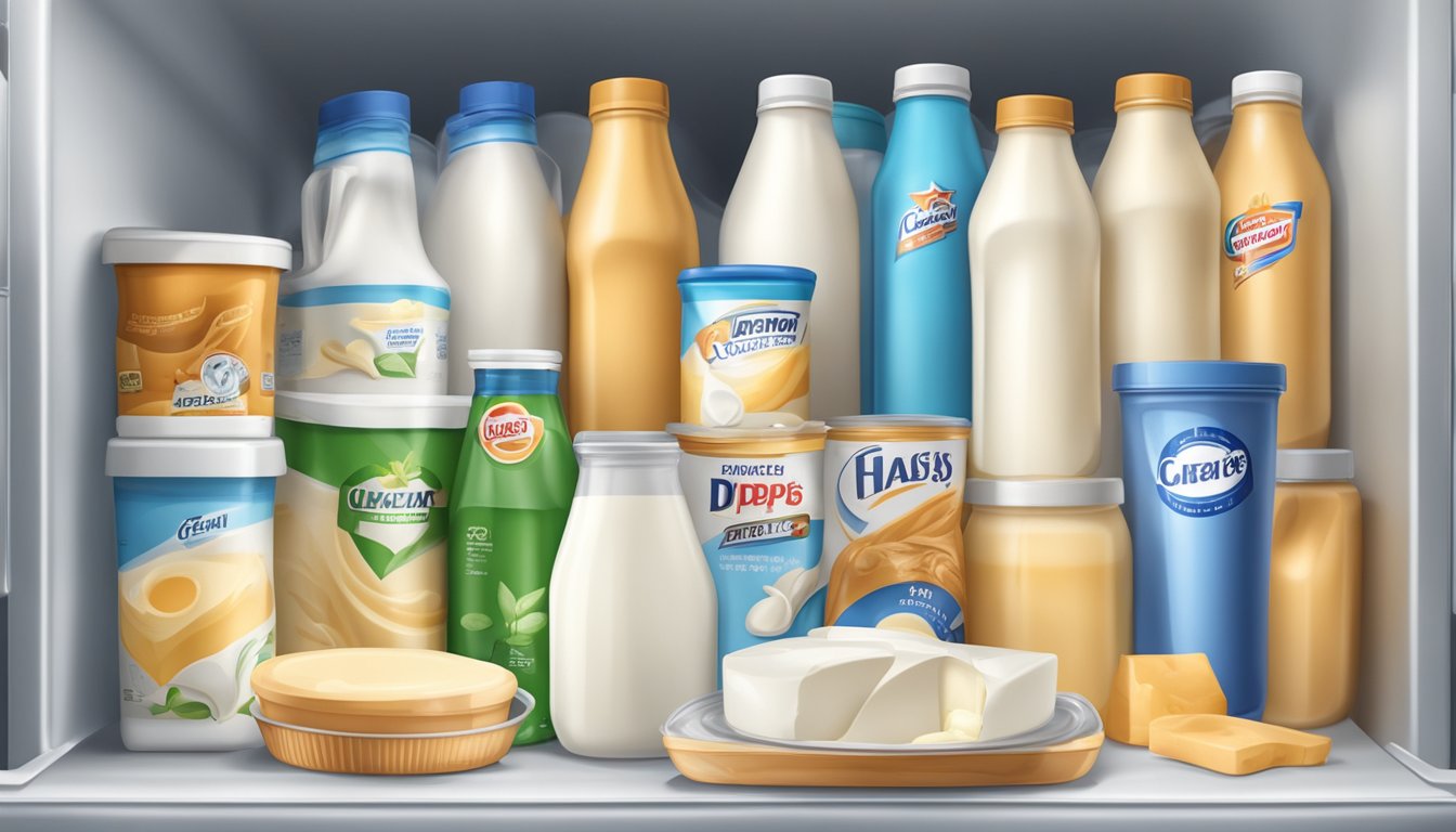 A sealed container of heavy cream sits in the refrigerator, surrounded by other dairy products