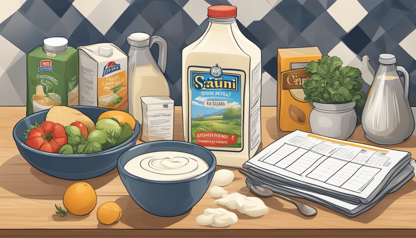 A carton of heavy cream sits on a kitchen counter, surrounded by various ingredients and a calendar showing the current date