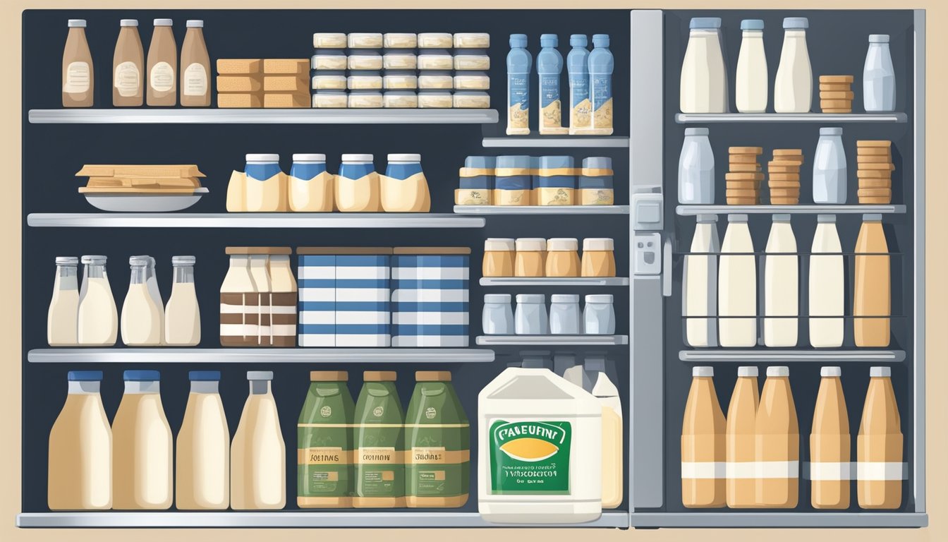 A bottle of heavy cream sits in a refrigerator, surrounded by various dairy products. The cream is unopened and has a label indicating the expiration date