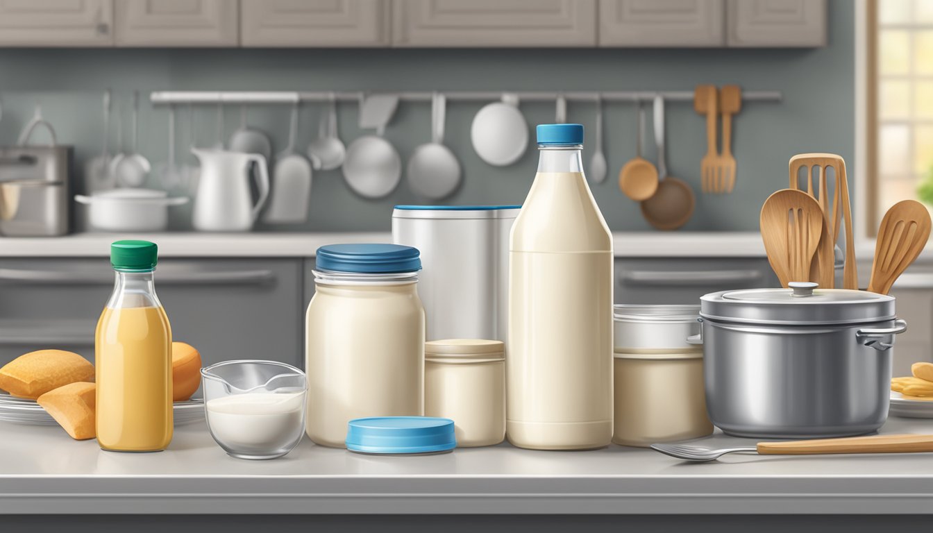 A carton of heavy cream sits on a kitchen counter, surrounded by a refrigerator and various cooking utensils