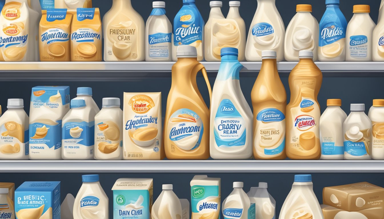 A carton of heavy cream sits on a refrigerator shelf, surrounded by other dairy products. The expiration date is clearly visible on the label