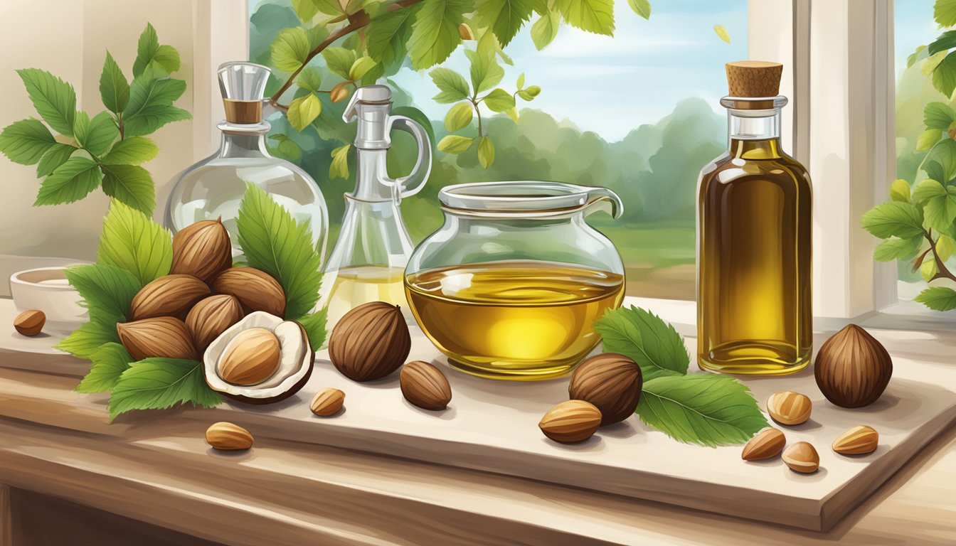 A bottle of hazelnut oil sits on a kitchen counter, surrounded by a variety of nuts and a hazelnut tree in the background