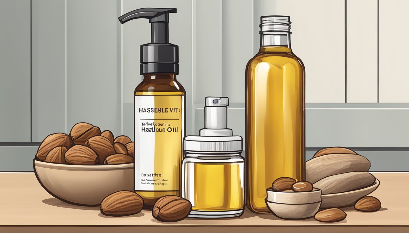 A bottle of hazelnut oil sits on a kitchen counter next to a bowl of nuts and a jar of skincare products. The oil is being used in both culinary and skincare applications