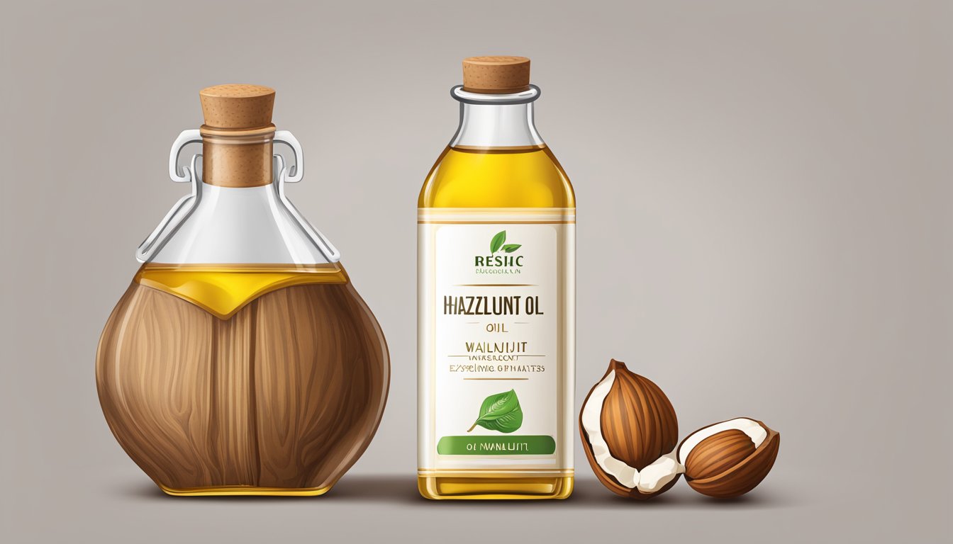 A clear glass bottle of hazelnut oil sits next to a bottle of walnut oil. Both bottles are labeled with expiration dates