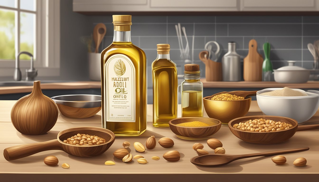 A bottle of hazelnut oil sits on a kitchen counter, surrounded by various cooking utensils. The oil is clear and golden, with a rich, nutty aroma