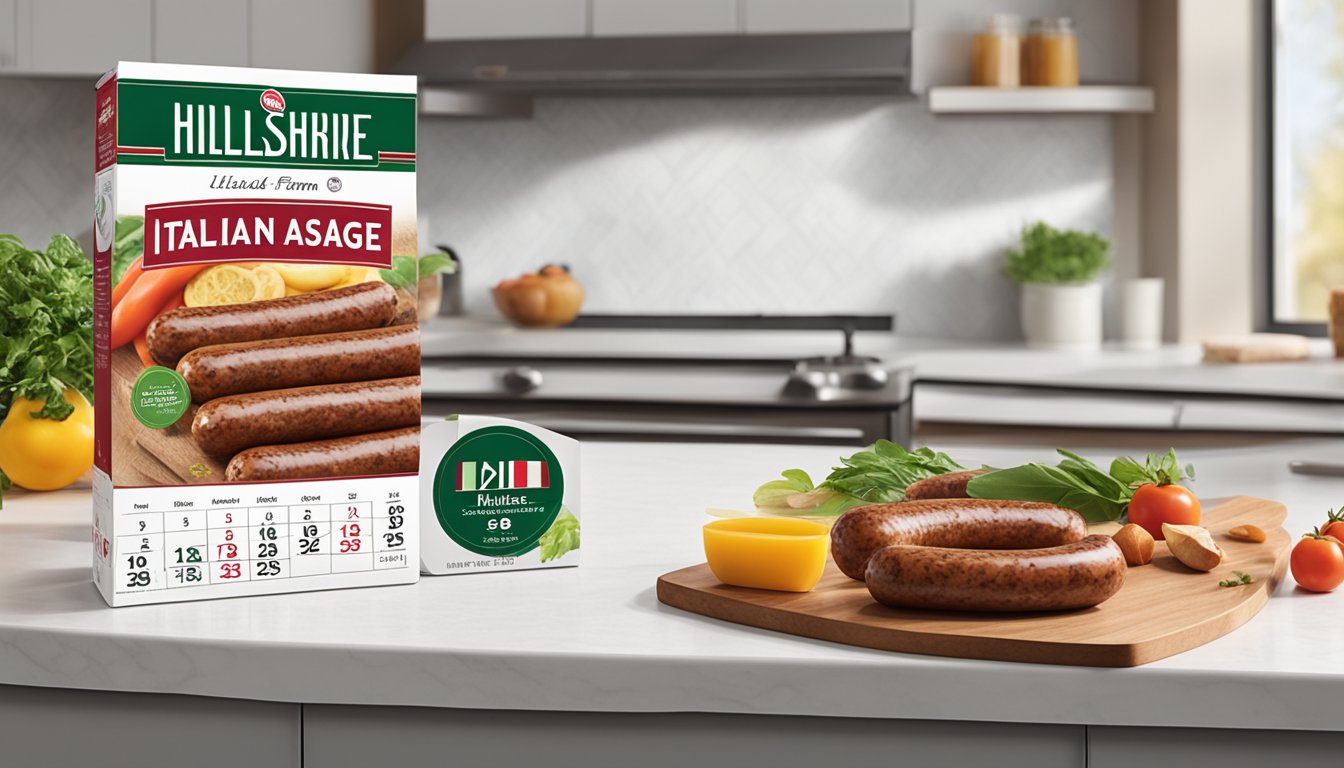 A package of Hillshire Farm Italian Sausage sits on a clean, white kitchen counter next to a calendar with the date circled