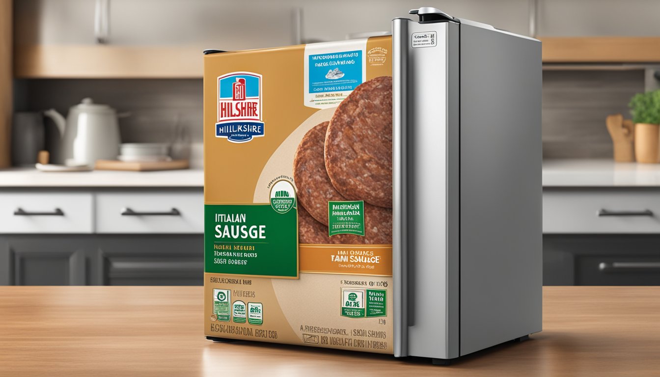 A package of Hillshire Farm Italian Sausage sits on a kitchen counter next to a refrigerator, with a visible expiration date