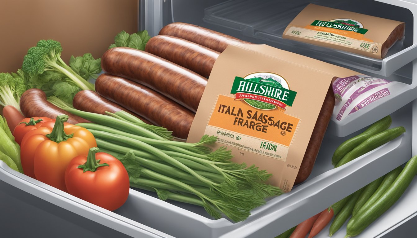 A package of Hillshire Farm Italian Sausage sits unopened in a refrigerator, surrounded by fresh vegetables and herbs