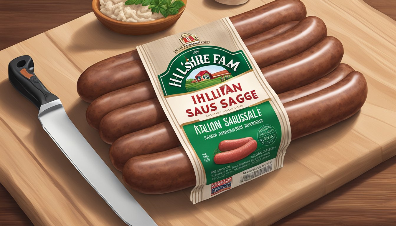 A package of Hillshire Farm Italian Sausage sits unopened on a kitchen counter, next to a cutting board and a knife