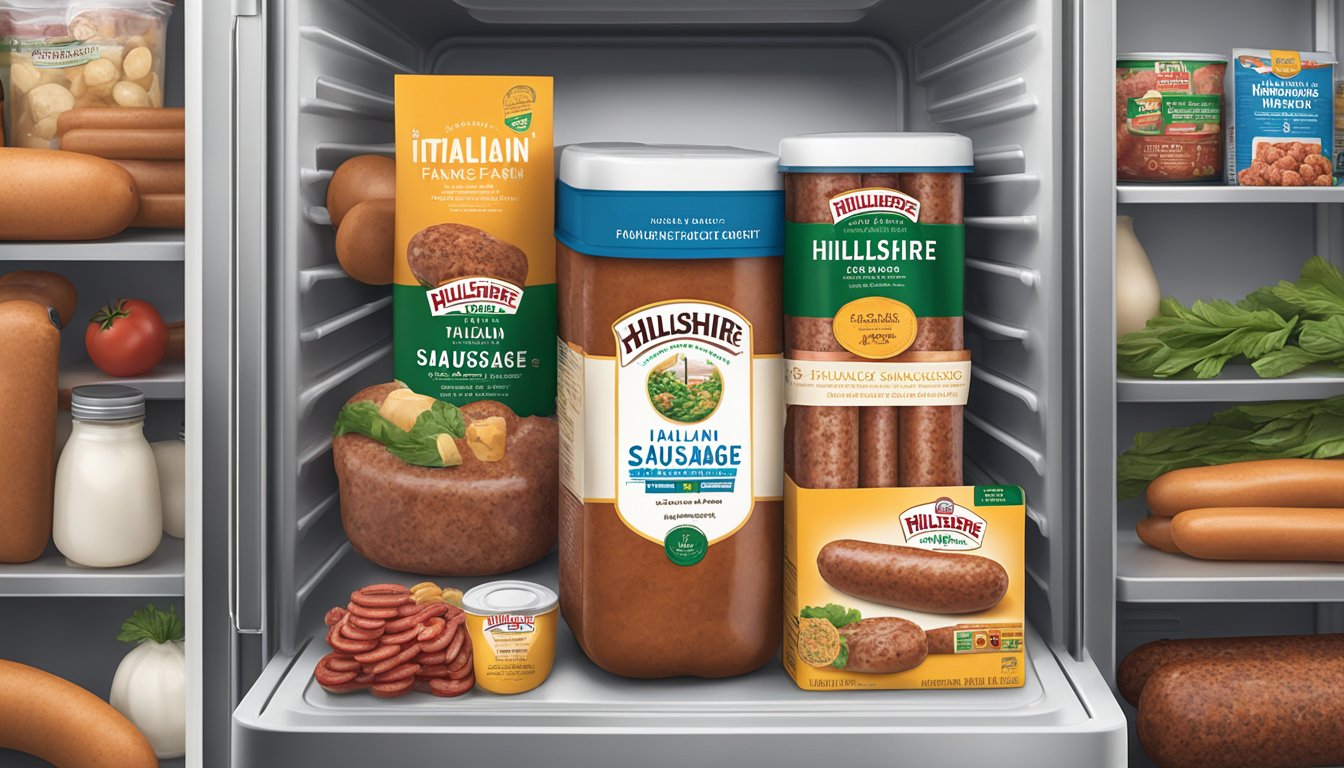 A sealed package of Hillshire Farm Italian Sausage sits in a refrigerator, surrounded by other food items