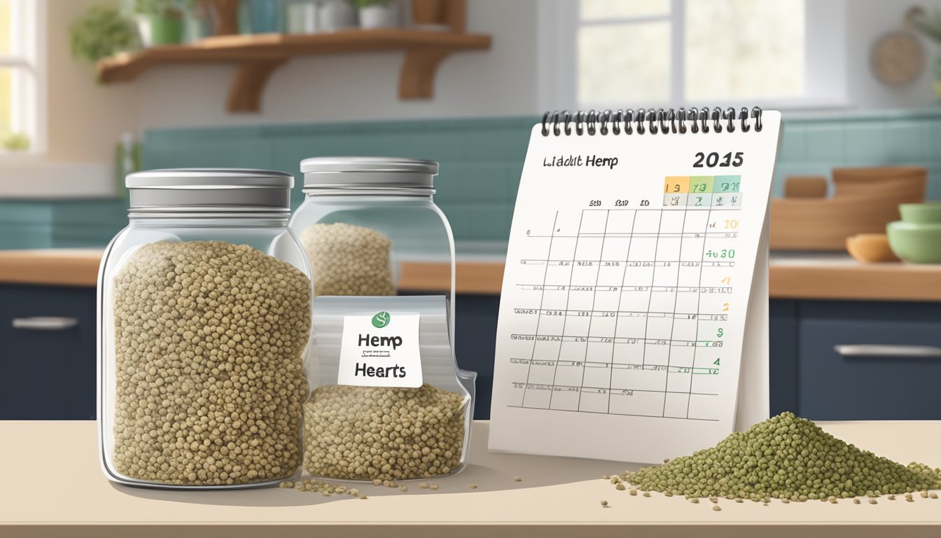 A glass jar filled with hemp hearts sits on a kitchen counter, next to a bag of seeds and a calendar showing the current date