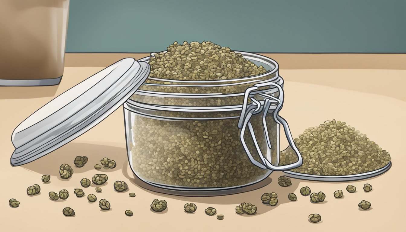 A clear, airtight container of hemp hearts sits on a kitchen counter, surrounded by a few scattered seeds. The lid is slightly open, and the seeds inside appear discolored and moldy