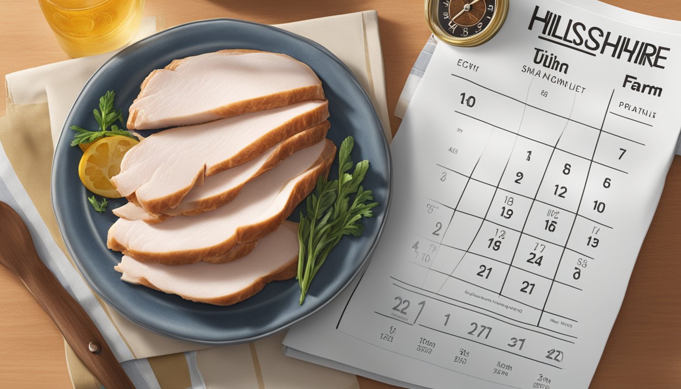 A package of Hillshire Farm Ultra Thin Sliced Turkey Breast sits on a kitchen counter next to a calendar and a clock, with the expiration date clearly visible